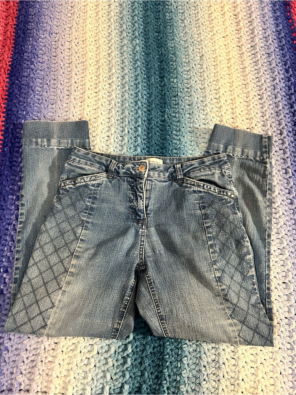 Women’s Blue Denim Jeans with Hatched Side Panels